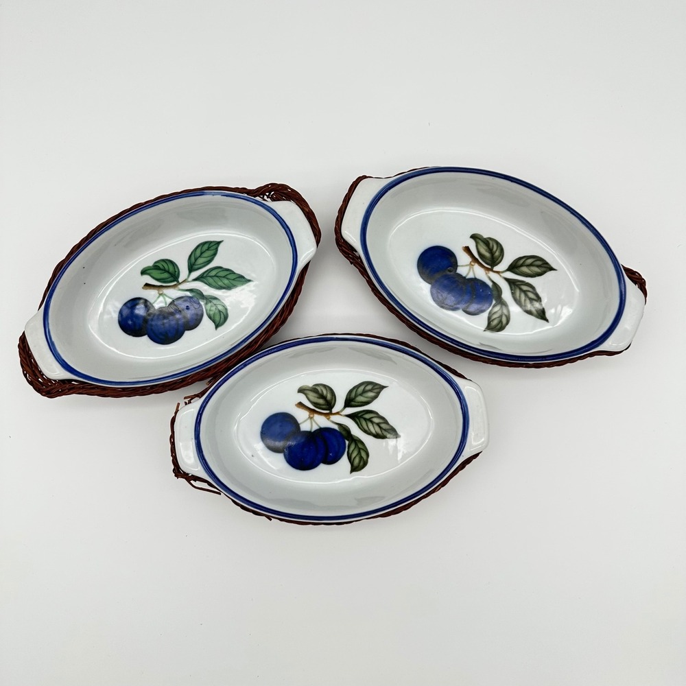 Vintage Ceramic Oval Au Gratin Baking Dishes Wicker Baskets Set 3 Blue Plum
